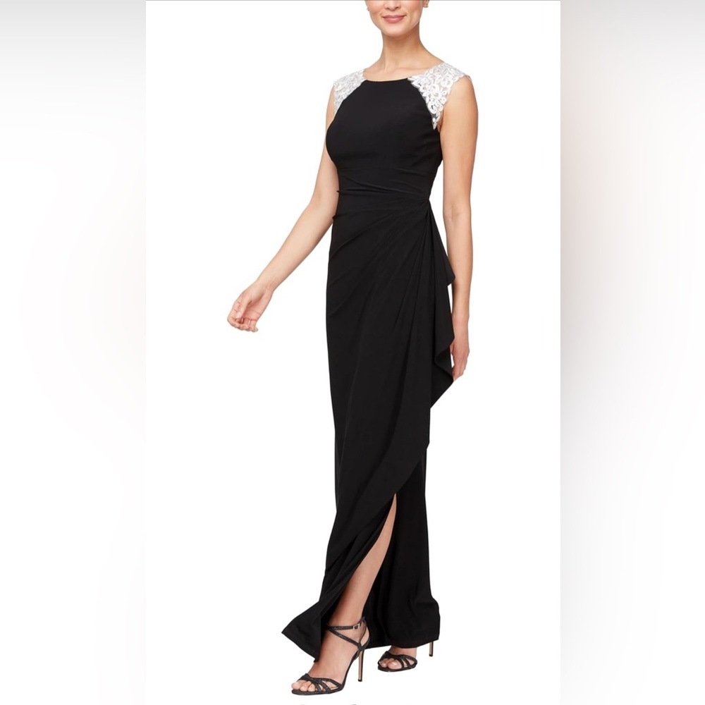 Alex Evenings Women's Long Jersey Dress Gown Ruched Front Embellished Neckline